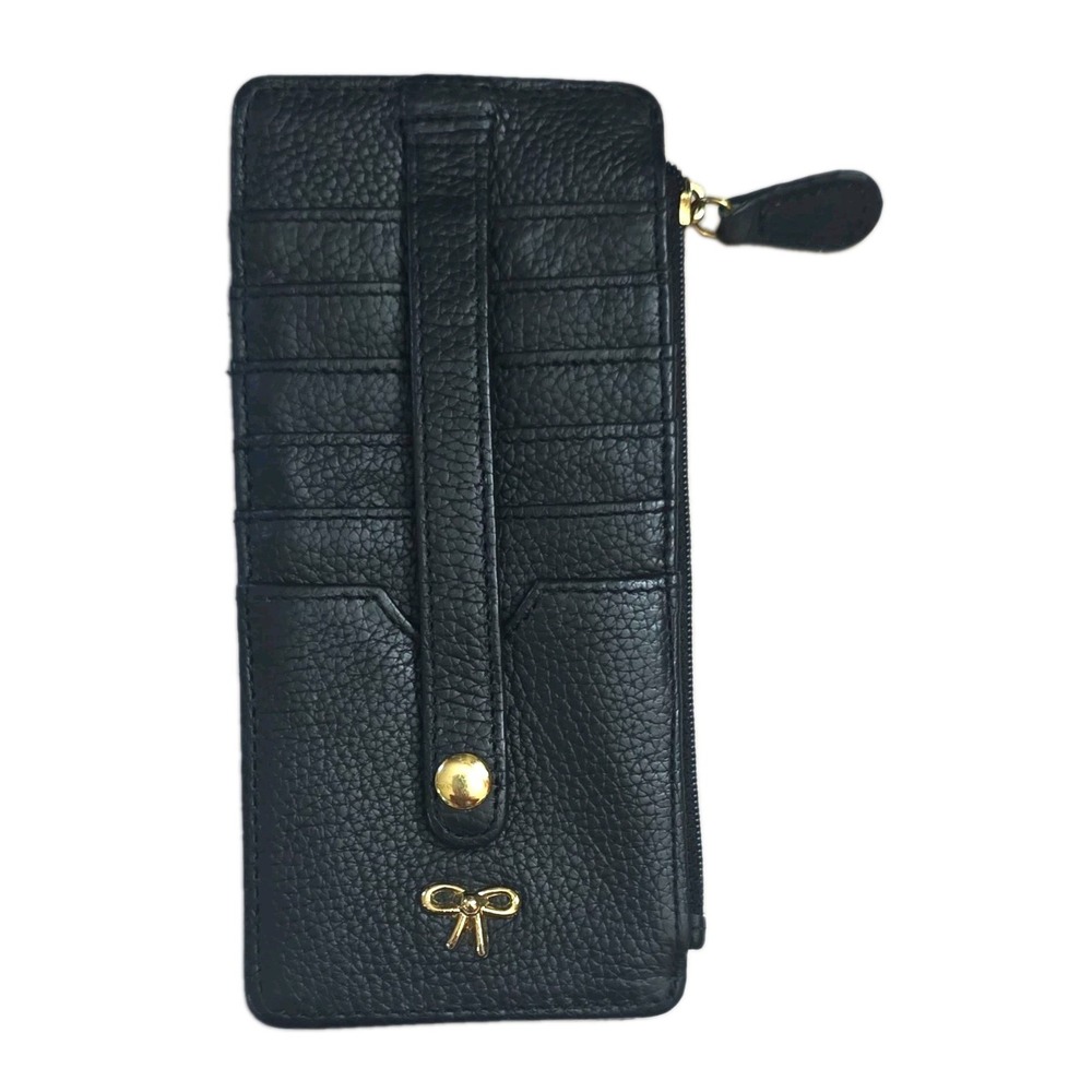 Slim Genuine Leather Card Stacker Wallet - Black Pebble Gold Bow
